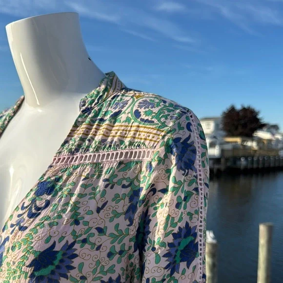 Blue and White Ruffled Midi Sundress with Plunge Neckline - Picture 13 of 16